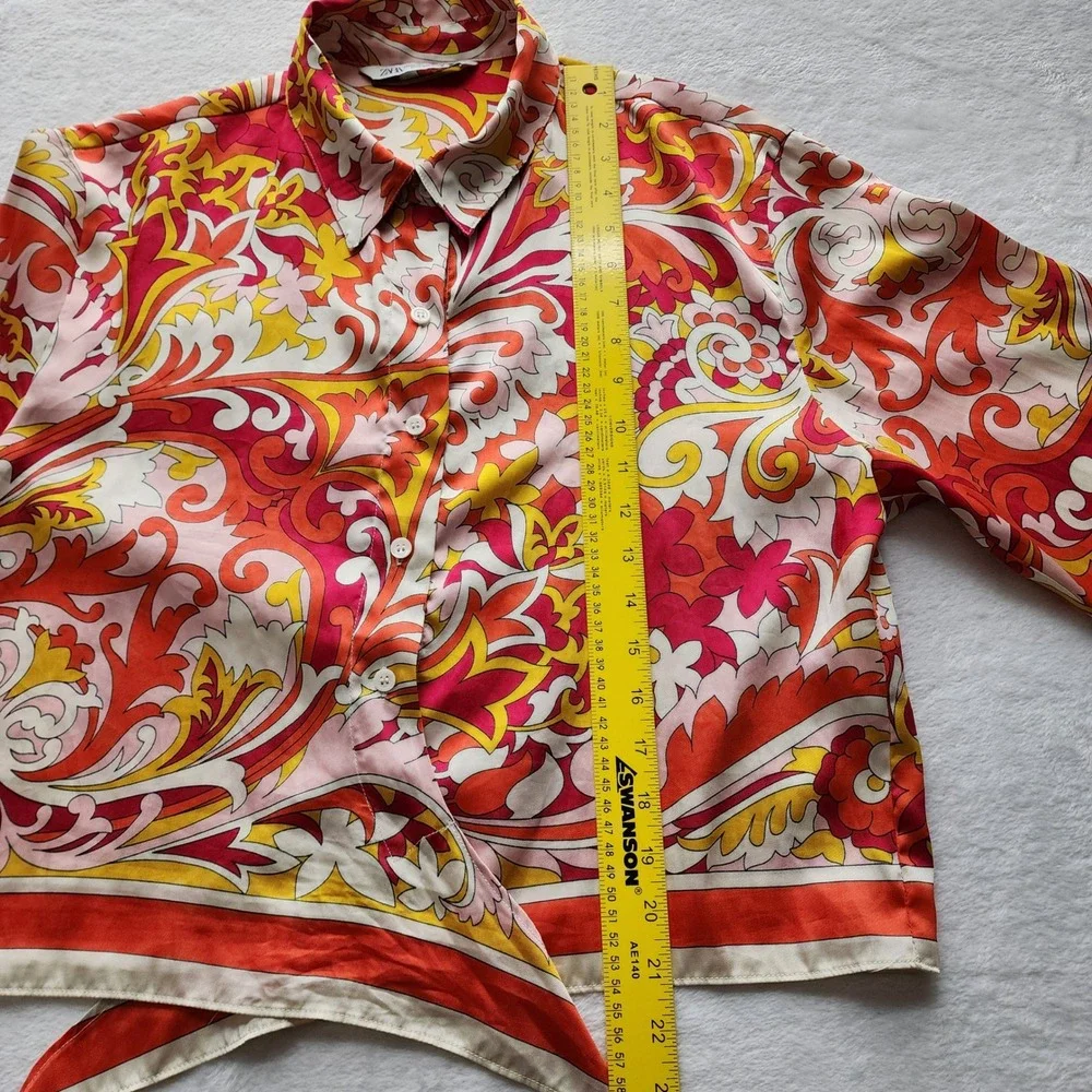 Zara Tie Front Blouse Womens XL Psychedelic Retro Floral Boho Festival Orange - Picture 10 of 14